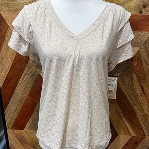 Nordstrom Cream Eyelet V-Neck Flutter Sleeve Top NWT